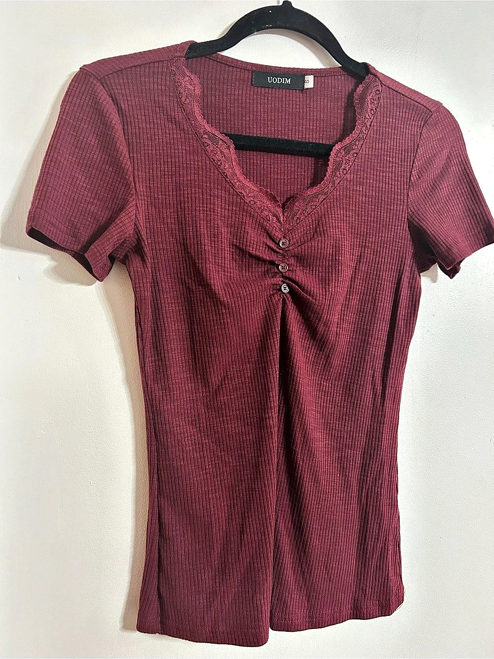 UODIM Women'Small Ribbed Knit Top - Ruched V Neck Henley Shirt With Lace Trim